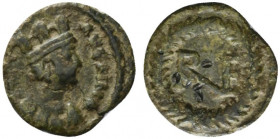 Ostrogoths, Theoderic (493-526). Æ 10 Nummi (17.5mm, 2.43g, 6h). Ravenna. Mantled bust of Tyche r., wearing mural crown. R/ Monogram of Ravenna within...