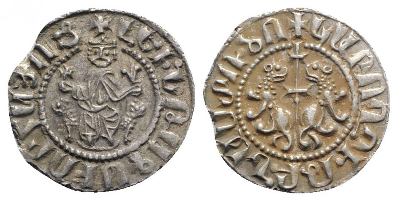 Cilician Armenia, Levon I (1198-1219). AR Tram (23mm, 3.08g, 6h). Levon seated f...