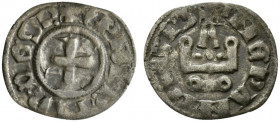 Principality of Achaea, Philippe de Savoy (1301-1307). BI Denier (18mm, 0.74g, 12h). Corinth. Cross pattée. R/ Chateau tournois; star below. Cf. Metca...