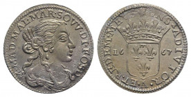 Italy, Fosdinovo. Maria Maddalena Centurioni Malaspina (1663-1669). AR Luigino 1667 (21mm, 1.84g, 6h). Draped bust r. R/ Crowned coat-of-arms; rosette...