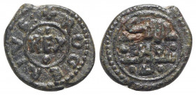 Italy, Sicily, Messina. Tancredi and Ruggero (1089-1194). Æ Follaro (13mm, 1.90g, 12h). REX within circle and Kufic legend. R/ Kufic legend. Spahr 139...