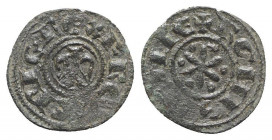 Italy, Sicily, Messina. Federico II (1197-1250). BI Denaro, c. AD 1214 (15mm, 0.69g, 11h). Eagle facing, wings spread. R/ Six-rayed star with six pell...