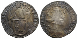 Netherlands, Gelderland. AR Leeuwendaalder 1643 (43mm, 26.61g, 1h). Knight standing l., head r., holding up garnished coat-of-arms in foreground. R/ L...