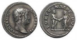 Hadrian (117-138). Fake Denarius (17mm, 3.81g, 6h). Rome, 134-8. Bare head r. R/ Hadrian standing r., holding roll and clasping hands with Fortuna sta...