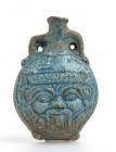 Egyptian faiance flask with Bes protome and eyes on back; full intact; Third Intermediate Period of Egypt, ca. 1069 - 664 BC; height cm 5,6