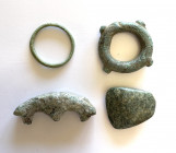 Lot of four Celtic - Greek bronze items, plus a prehistoric votive miniature serpentine axe head; long maximum cm 4,6