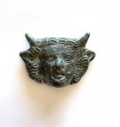 Roman bronze applique depicting the head of Pan, the beloved half man half goat horned god known for his hunting skills; untouched patina and iron nai...