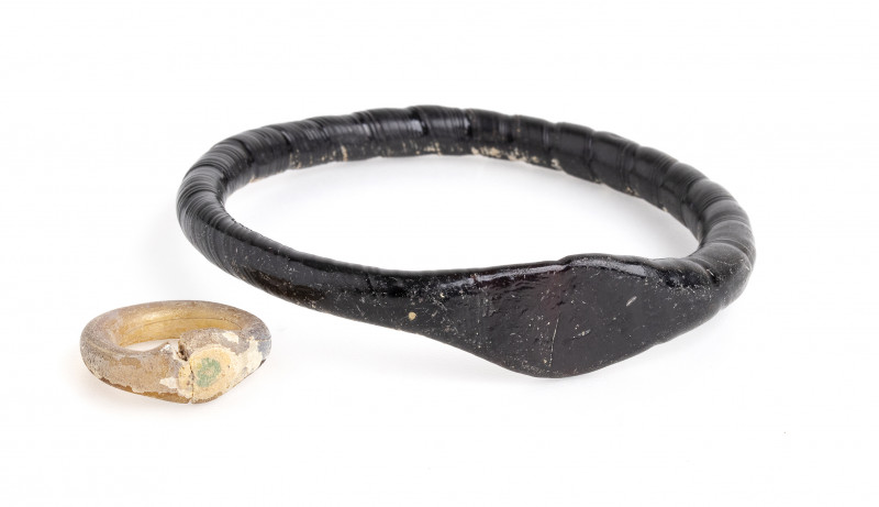 Lot of a Byzantine glass paste bracelet (intact) and ring with eye on bezel (cra...