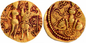 Gold Dinar Coin of Samudragupta of Gupta Dynasty of King and Queen type.