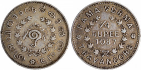 Silver Quarter Rupee Coin of Rama Verma VI of Travancore.