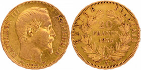 Gold Twenty Francs Coin of Napoleon III of France of 1856.