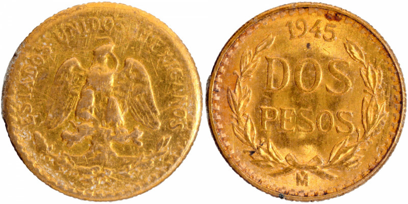 Mexico
Mexico, Gold 2 Pesos, 1945 M, Obv: Mexican national symbol of an eagle e...