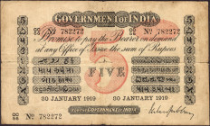 Uniface Five Rupees Banknote of King George V Signed by M M S Gubbay of 1919.