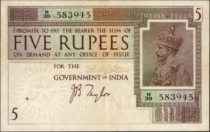 British INDIA Notes
Rupees 5
British India, 1925, King George V, 5 Rupees, Sig...