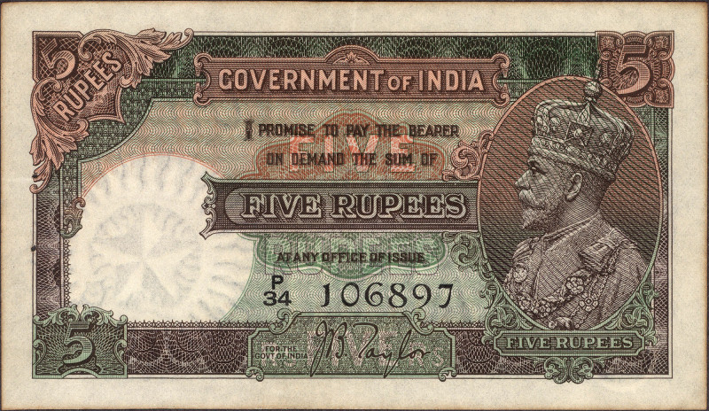 British INDIA Notes
Rupees 5
British India, 1933, King George V, 5 Rupees, Sig...