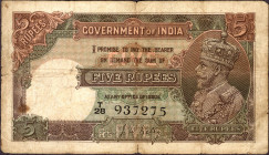 Five Rupees Banknote of King George V Signed by J W Kelly of 1934.