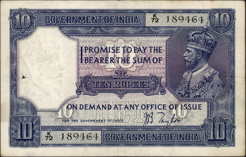 British INDIA Notes
British India, 1926, King George V, 10 Rupees, Signed by J....
