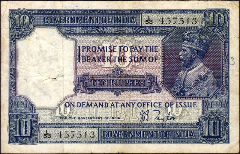British INDIA Notes
British India, 1925, King George V, 10 Rupees, Signed by J....