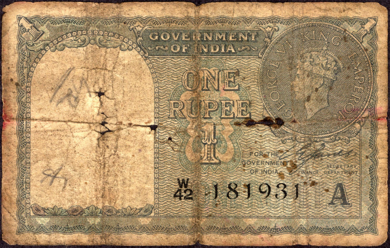 British INDIA Notes
Rupee 1
British India, 1944, King George VI, 1 Rupee, Sign...