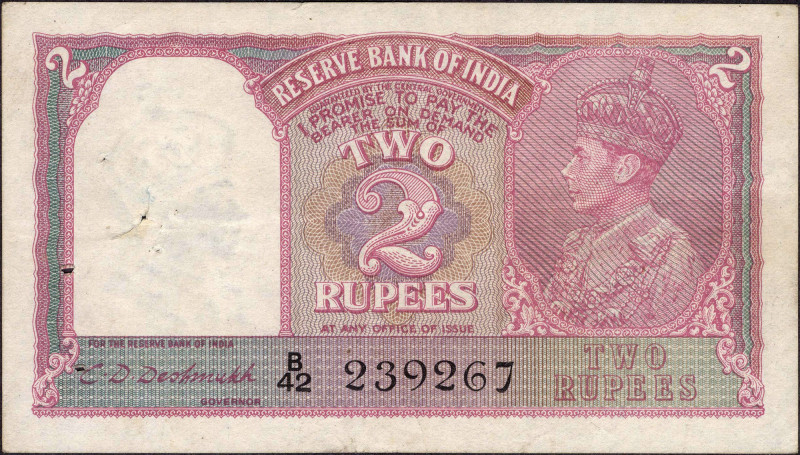 British INDIA Notes
British India, 1943, King George VI, 2 Rupees, Signed by C....