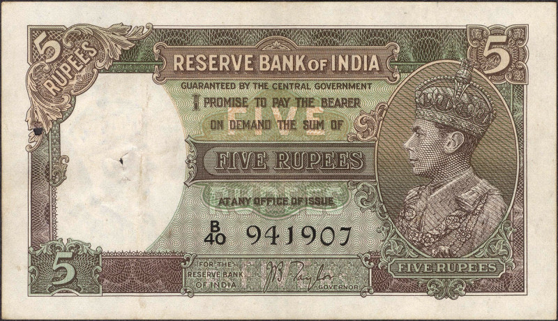 British INDIA Notes
Rupees 5
British India, 1938, King George VI, 5 Rupees, Si...