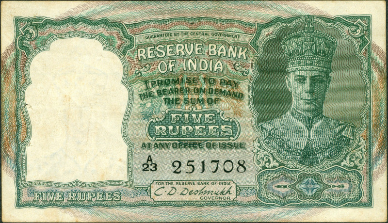 British INDIA Notes
Rupees 5
British India, 1944, King George VI, 5 Rupees, Si...