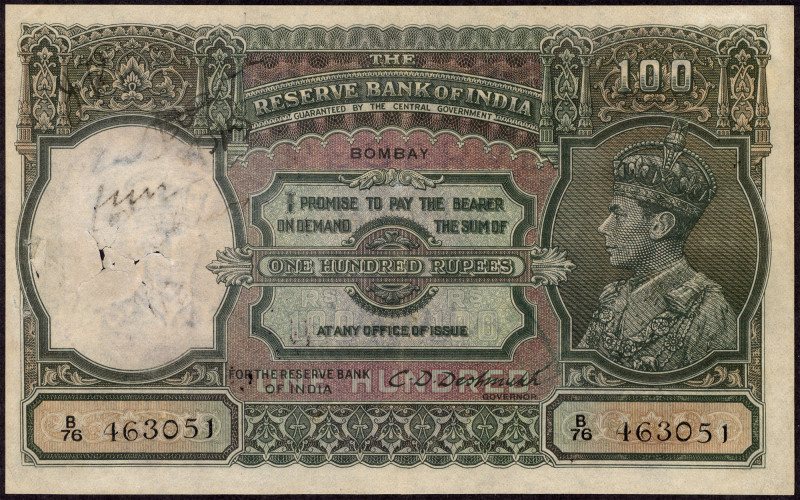British INDIA Notes
British India, 1944, King George VI, 100 Rupees, Bombay Cir...