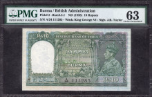 Ten Rupees Banknote of King George VI Signed by J B Taylor of 1938 of Burma Issue.