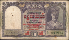 Ten Rupees Banknote of King George VI Signed by C D Deshmukh of 1945 of Burma Issue.