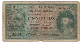 Cinco Rupias Banknote of Banco Nacional Ultramarino of Indo Portuguese of 1945.