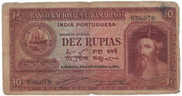 Dez  Rupias Banknote of Banco Nacional Ultramarino of Indo Portuguese of 1945.