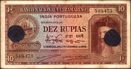Cancelled Dez Rupias Banknote of Banco Nacional Ultramarino of Indo Portuguese of 1945.