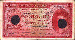Cancelled Cinquenta Rupias Banknote of Banco Nacional Ultramarino of Indo Portuguese of 1945.