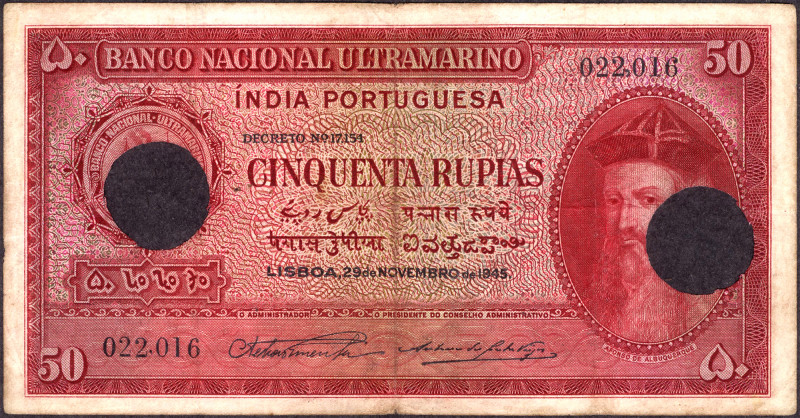 Portuguese India
Indo-Portuguese, 1945, 50 (Cinquenta) Rupias, Cancelled, Banco...