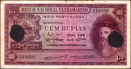 Cancelled Cem Rupias Banknote of Banco Nacional Ultramarino of Indo Portuguese of 1945.