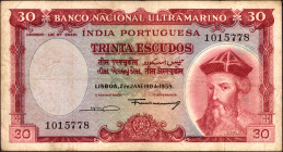 Trinta Escudos Banknote of Banco Nacional Ultramarino of Indo Portuguese of 1959.