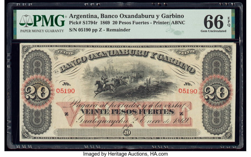 Argentina Banco Oxandaburu y Garbino 20 Pesos Fuertes 2.1.1869 Pick S1794r Remai...