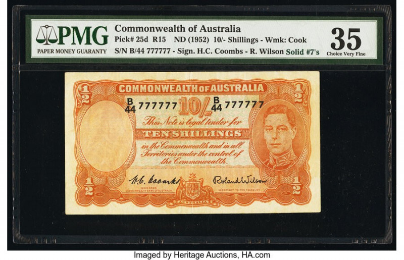 Solid Serial Number 777777 Australia Commonwealth Bank of Australia 10 Shillings...