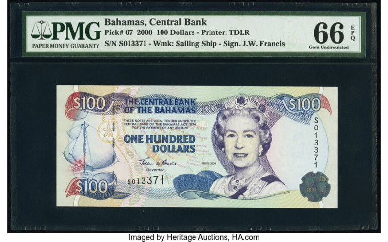 Bahamas Central Bank 100 Dollars 2000 Pick 67 PMG Gem Uncirculated 66 EPQ. 

HID...