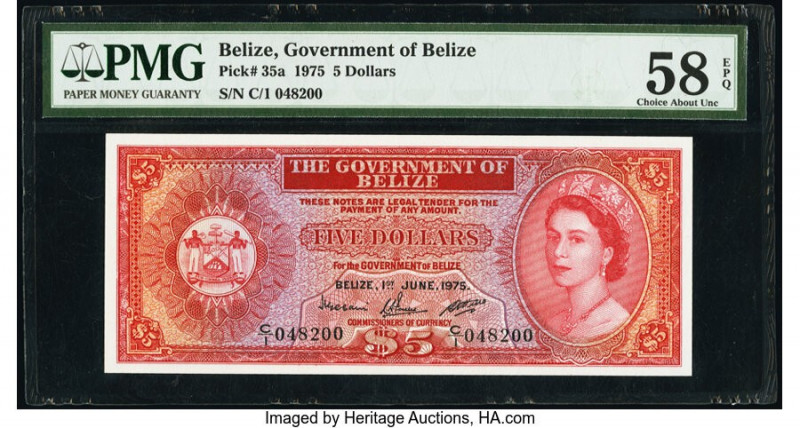 Belize Government of Belize 5 Dollars 1.6.1975 Pick 35a PMG Choice About Unc 58 ...