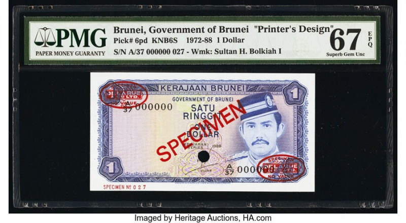 Brunei Government of Brunei 1 Ringgit 1988 Pick 6s KNB6S Specimen PMG Superb Gem...