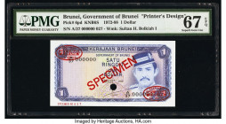Brunei Government of Brunei 1 Ringgit 1988 Pick 6s KNB6S Specimen PMG Superb Gem Unc 67 EPQ. PMG misattributes this as a Printer's Design; red Specime...