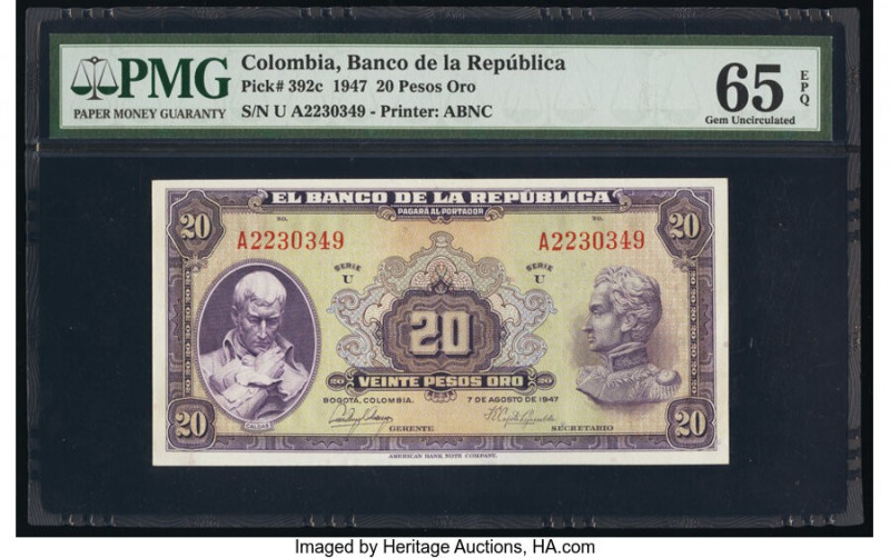 Colombia Banco de la Republica 20 Pesos Oro 7.8.1947 Pick 392c PMG Gem Uncircula...