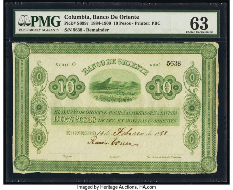 Colombia Banco de Oriente 10 Pesos 14.2.1888 Pick S699r Remainder PMG Choice Unc...