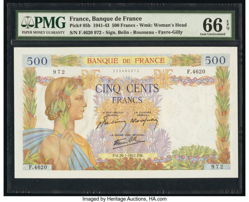 France Banque de France 500 Francs 29.1.1942 Pick 95b PMG Gem Uncirculated 66 EP...