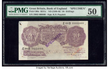 Great Britain Bank of England 10 Shillings ND (1940-48) Pick 366s Specimen PMG About Uncirculated 50. Specimen overprint, previously mounted, pinholes...