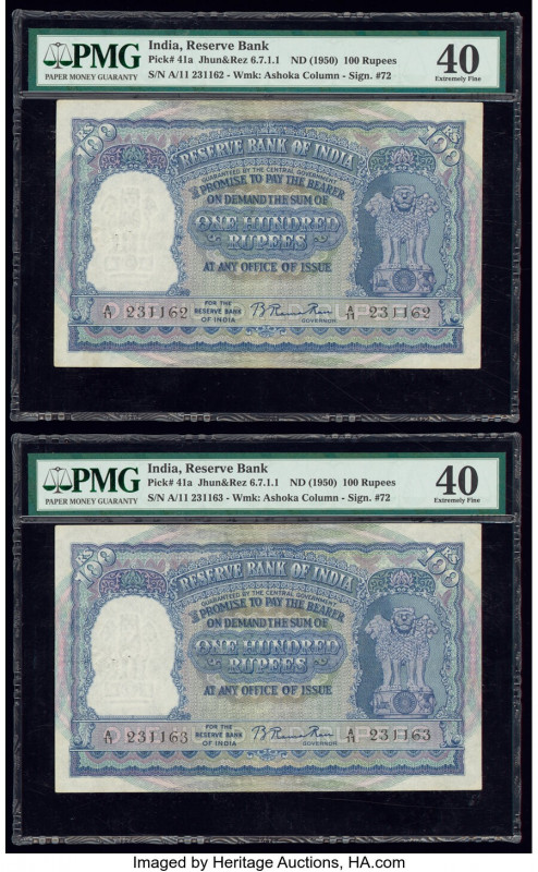 India Reserve Bank of India 100 Rupees ND (1950) Pick 41a Jhun6.7.1.1 Two Consec...