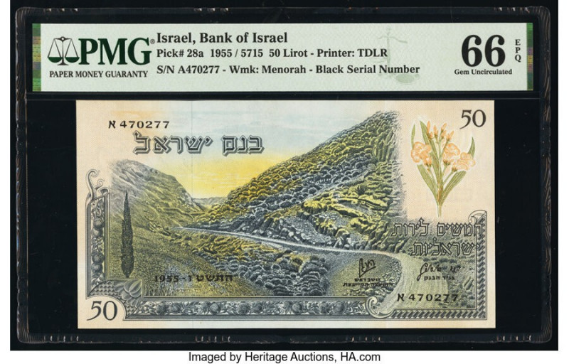 Israel Bank of Israel 50 Lirot 1955 / 5715 Pick 28a PMG Gem Uncirculated 66 EPQ....