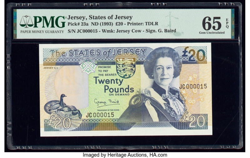 Low Serial Number 15 Jersey States of Jersey 20 Pounds ND (1993) Pick 23a PMG Ge...