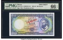 Macau Banco Nacional Ultramarino 100 Patacas 12.5.1984 Pick 61s1 KNB55S Specimen PMG Gem Uncirculated 66 EPQ. Printer's annotation and red Especime ov...